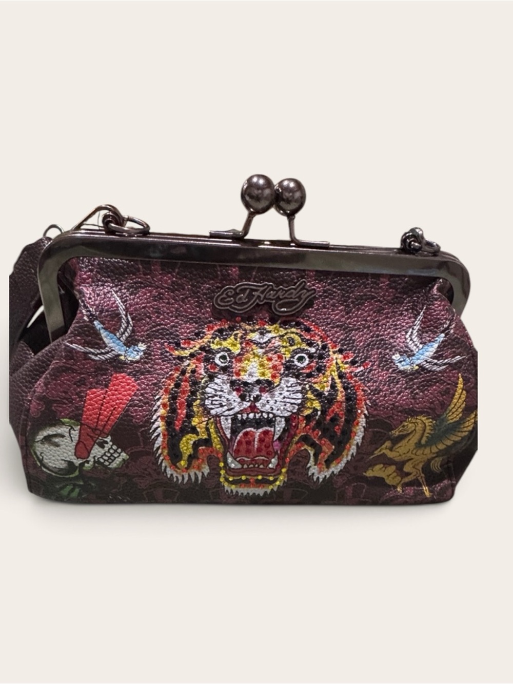 Ed Hardy Maroon Leather Tiger Kiss-Lock Clutch